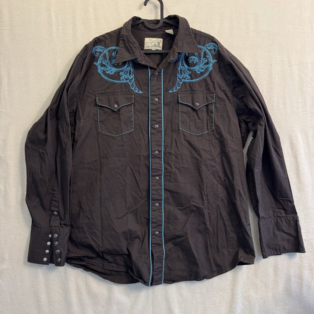 Roper Pearl Snap Denver Shirt Men’s XXL Brown Embroidered Western Rodeo Cowboy